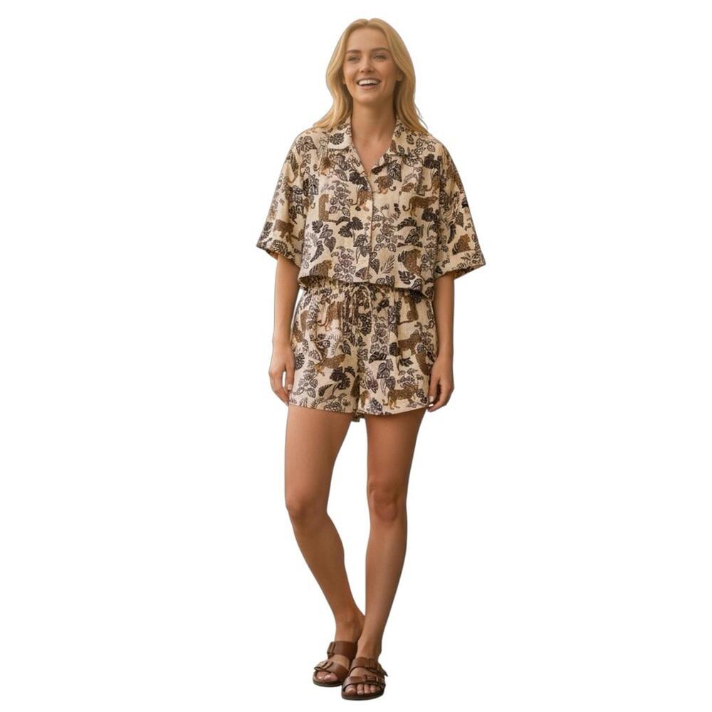 Safari Animal Print 2 Piece Set Crop Button Top Drawstring Shorts M Violet Sky - Picture 6 of 9